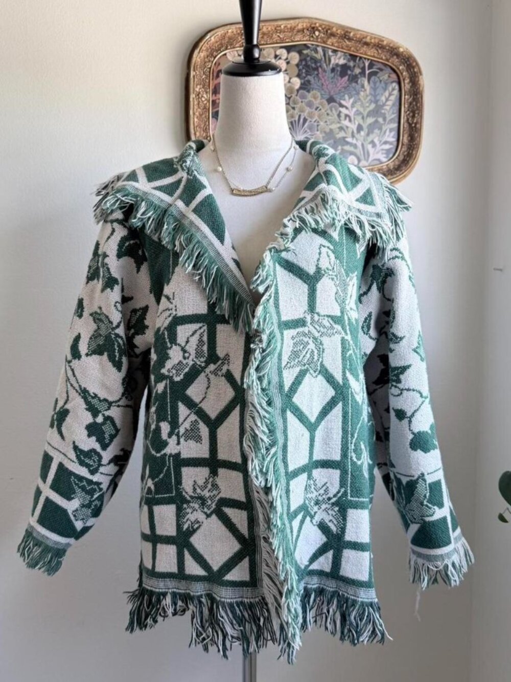 Vintage 90s reworked green and white ivy plant fringe cardigan / jacket